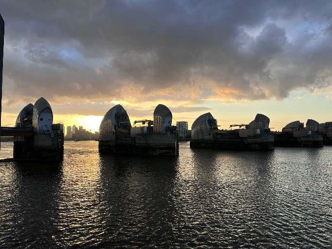 Thames Barrier at sunset from Charlton Riverside